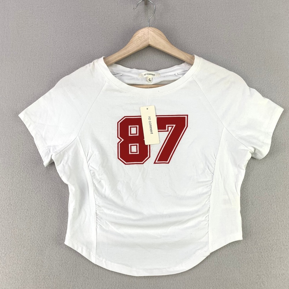 no comment 87 Graphic Baby Tee Shirt Women M Y2K Ruched NWT Blokecore Sporty